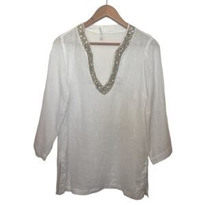 120% Lino Women’s Size 40 White Linen Rhinestone Beaded 3/4 Sleeve Top